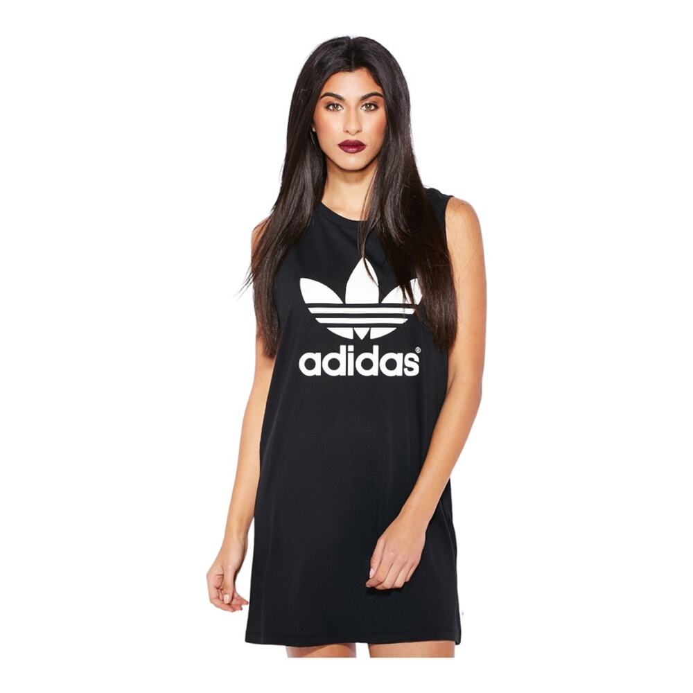 Adidas Originals Black Tank Dress White Trefoil Logo Sporty Size XS